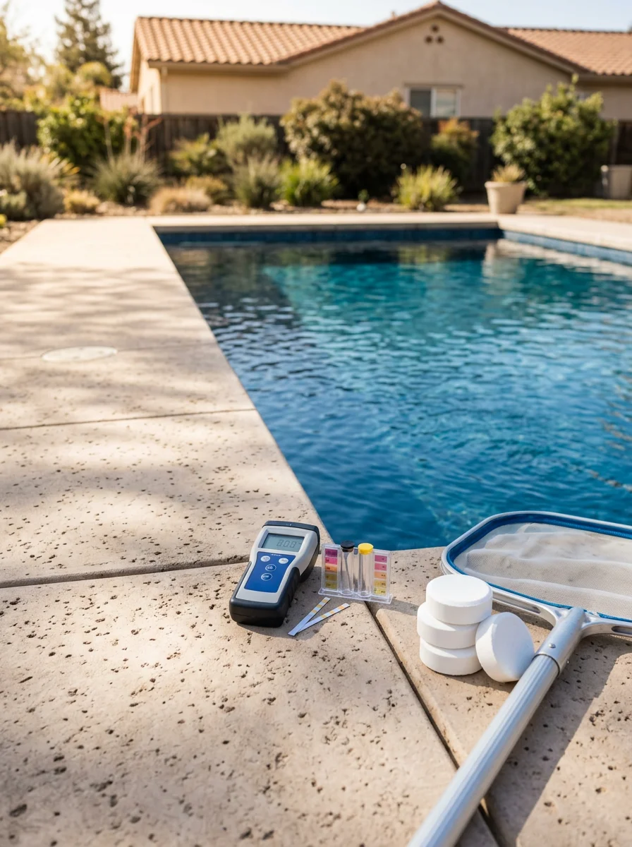 Pool technician testing water chemistry in a Citrus Heights residential pool