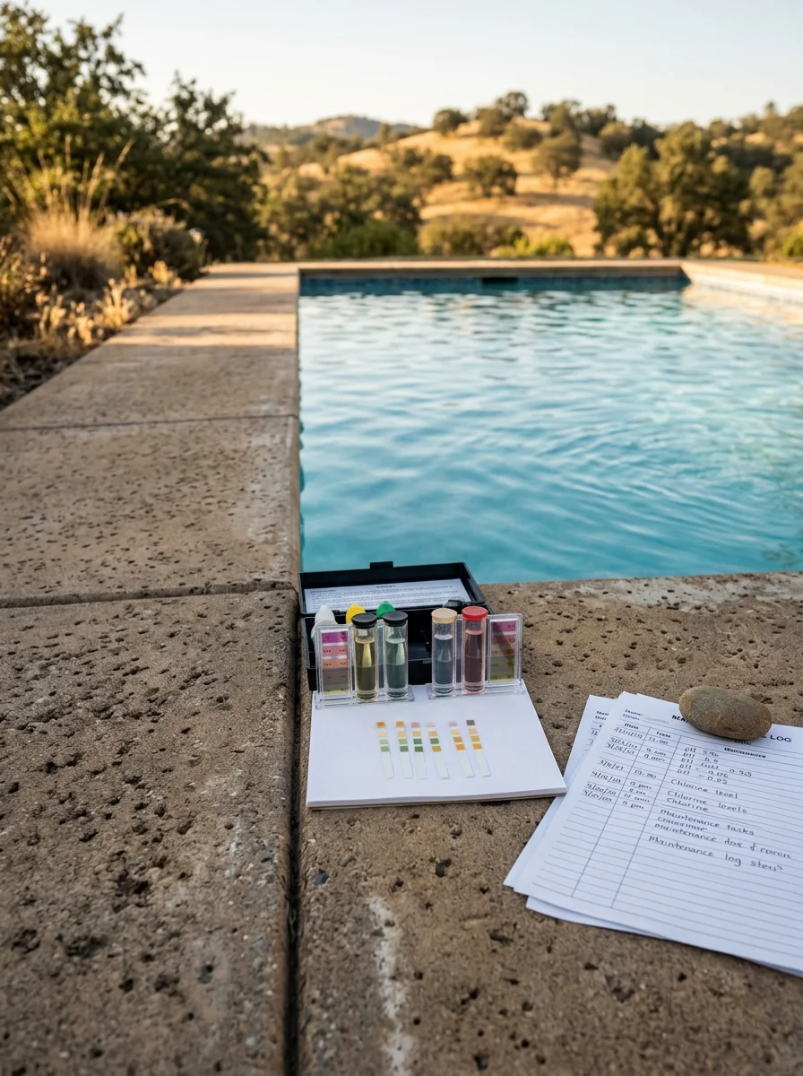 Pool technician performing water chemistry testing on a Coloma residential pool during summer maintenance