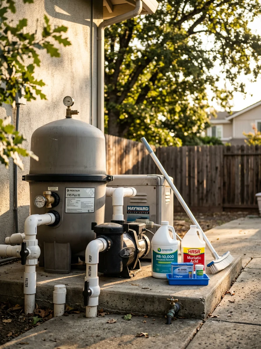 Pool filter and equipment maintenance showing phosphate treatment application for hard water in Fair Oaks home