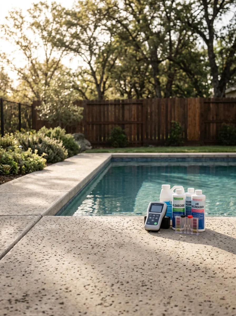 Professional pool technician testing water chemistry in Gold River residential pool during spring maintenance