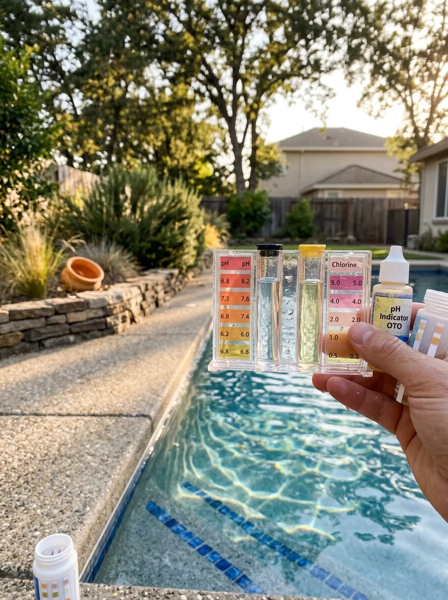 Close-up of pool water testing kit showing pH and chlorine levels being checked by a technician