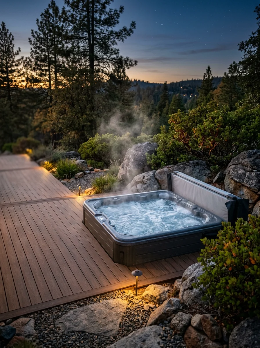 Hot tub steaming on a cool Shingle Springs evening with surrounding deck and landscaping
